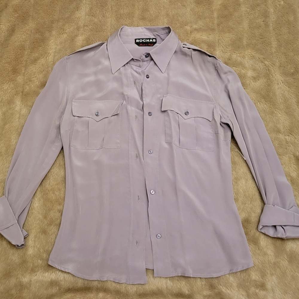 Rochas classic silk button-down blouse with front pockets